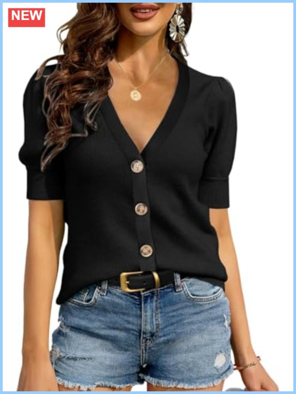 Women's Puff Short Sleeve Knit Sweater Crew Neck Pullover Casual Ribbed Blouse